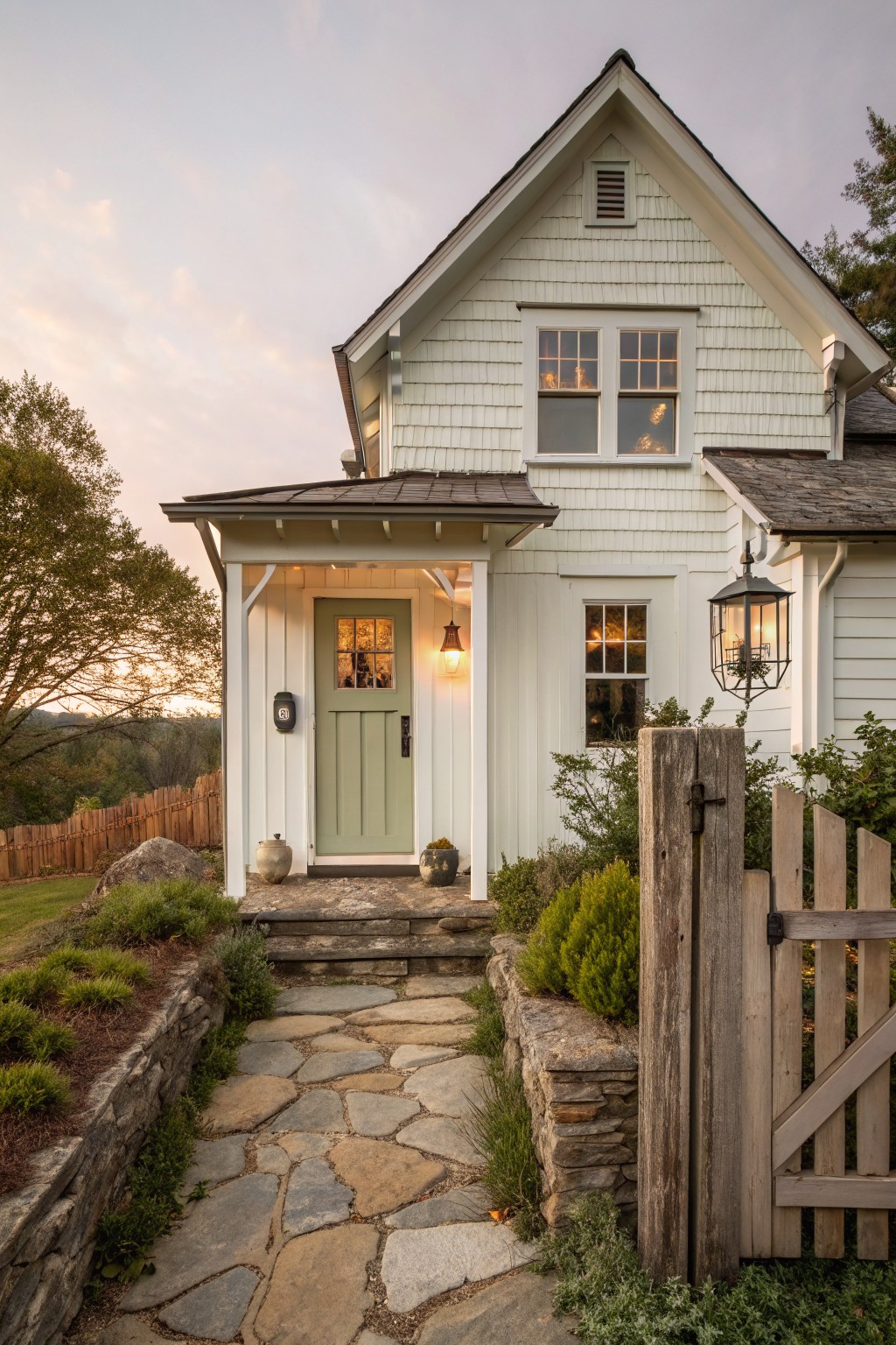 A white shingled cottage farmhouse with a sage green front door, stone pathway, and wooden gate.