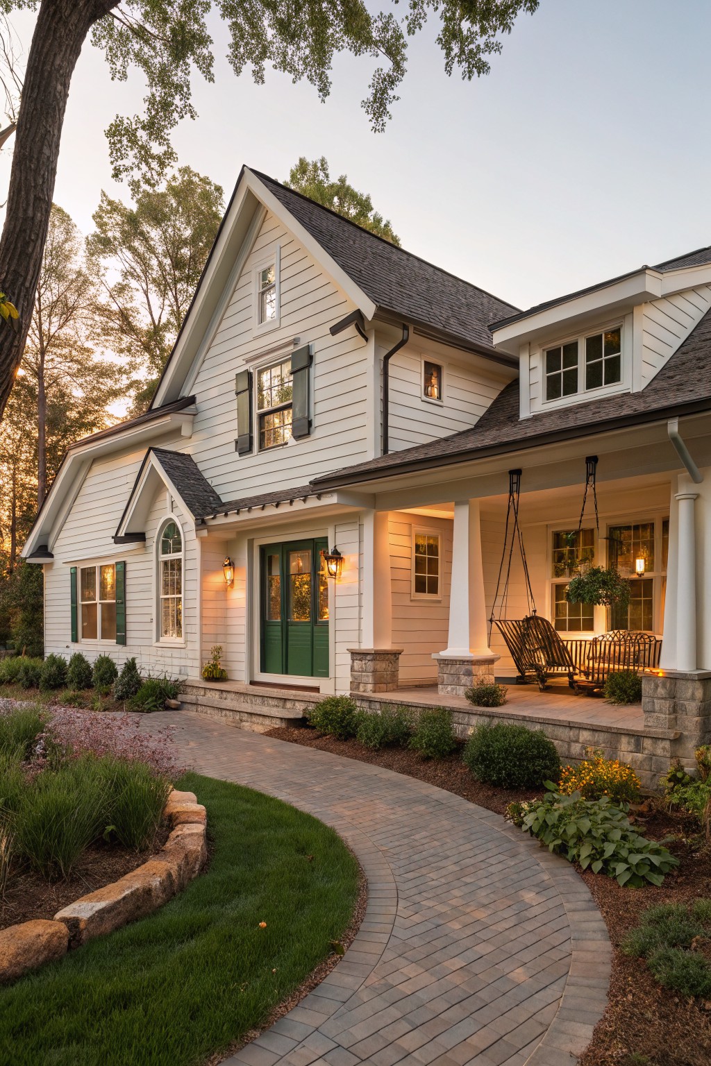 A white cottage farmhouse exterior with green front door and shutters, a stone porch, hanging swing, and curved brick walkway leading to the entrance.