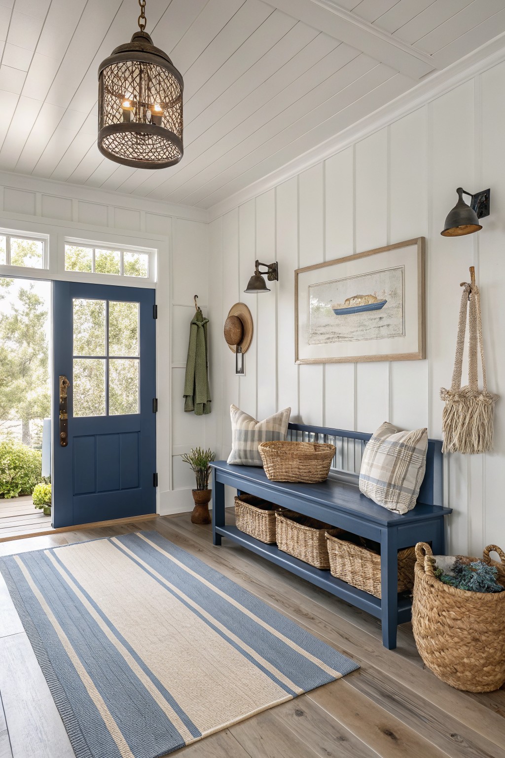 A blue wooden bench with storage baskets sits in a white shiplap entryway beside a blue door, with a striped blue and sand rug on the floor.