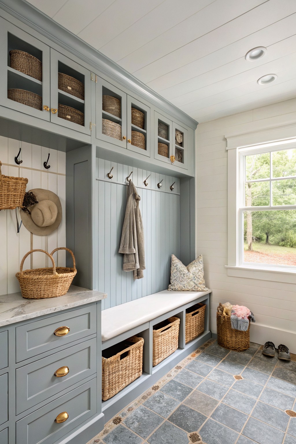 A mudroom with light gray built-in cabinets above a white cushioned bench, woven baskets stored below, and hooks on the wall beside a window.