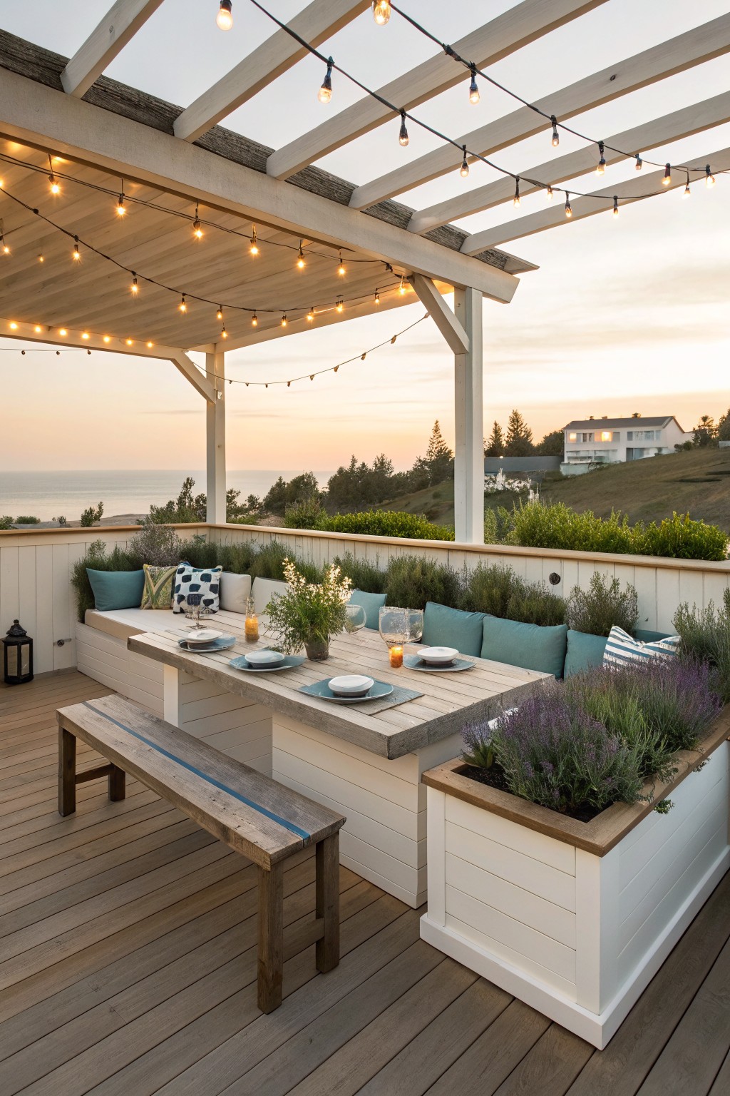 Rustic wooden patio with string lights, teal cushions, and ocean sunset view