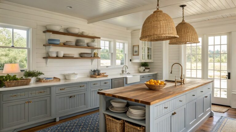 A bright kitchen with a blue-gray island, white cabinets, wooden countertops, woven pendant lights, and open wood shelves on a white shiplap wall.