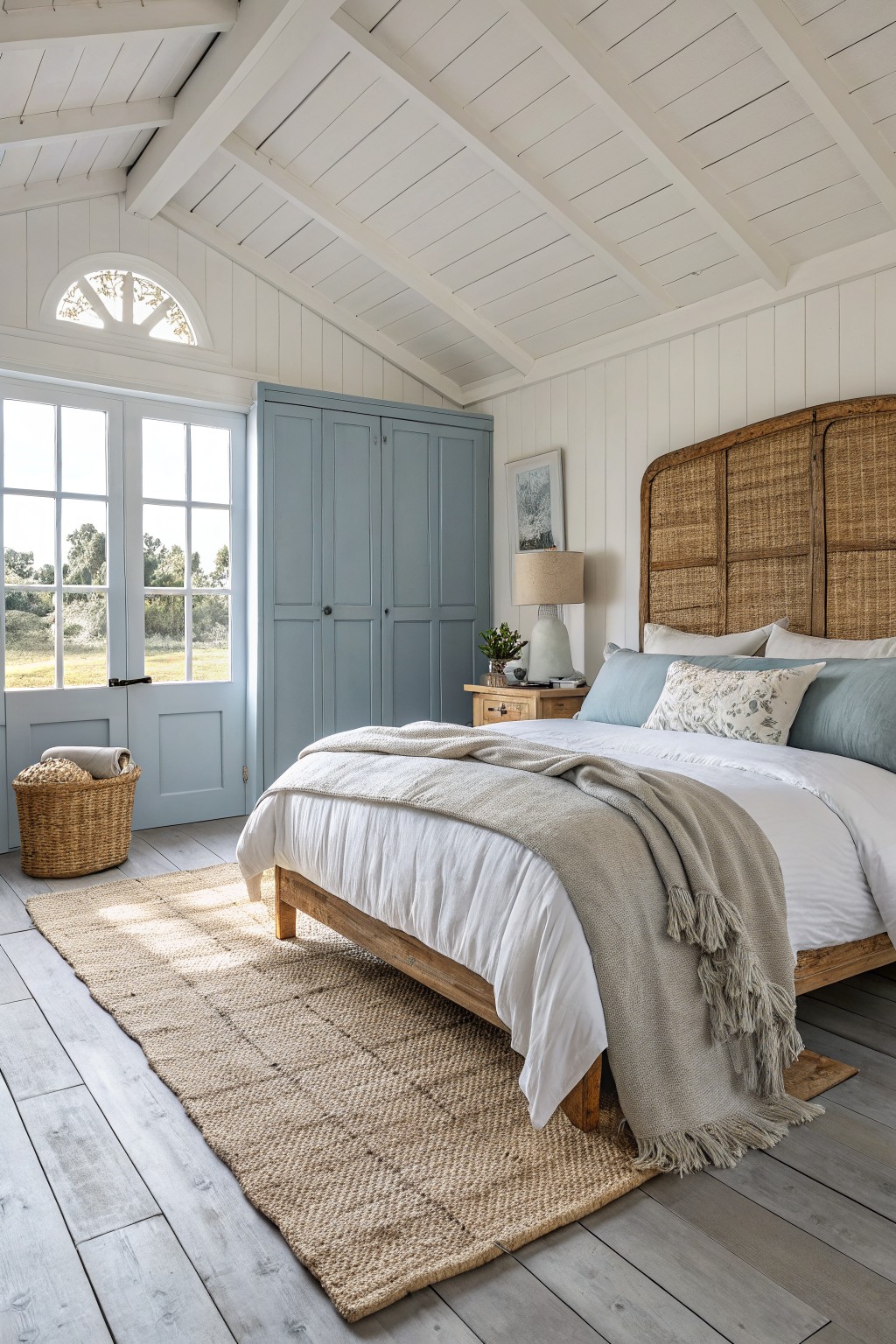 A bright bedroom with white walls and ceiling, a blue wardrobe, a wooden bed with white bedding and a woven rattan headboard, a large woven rug, and gray wood floors.
