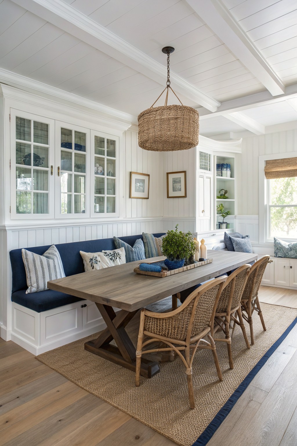 A dining area with a long wooden table, woven chairs on one side, and a navy blue built-in bench with white upper cabinets along the wall.