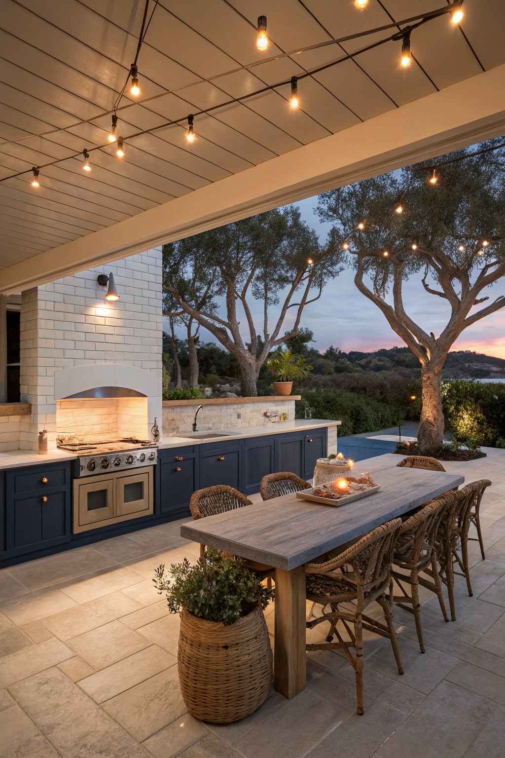An outdoor kitchen with navy blue cabinets, white brick backsplash, and a long wooden dining table with woven chairs on a stone patio at dusk.