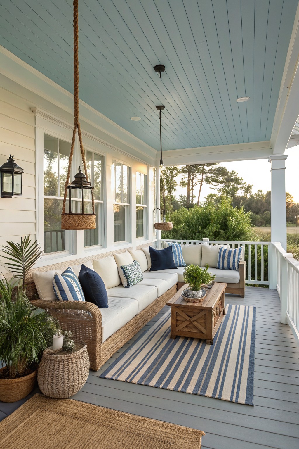 A covered porch with a light blue ceiling, white trim, a wicker sofa with blue and white cushions, a striped blue and sand rug, and a wooden coffee table.