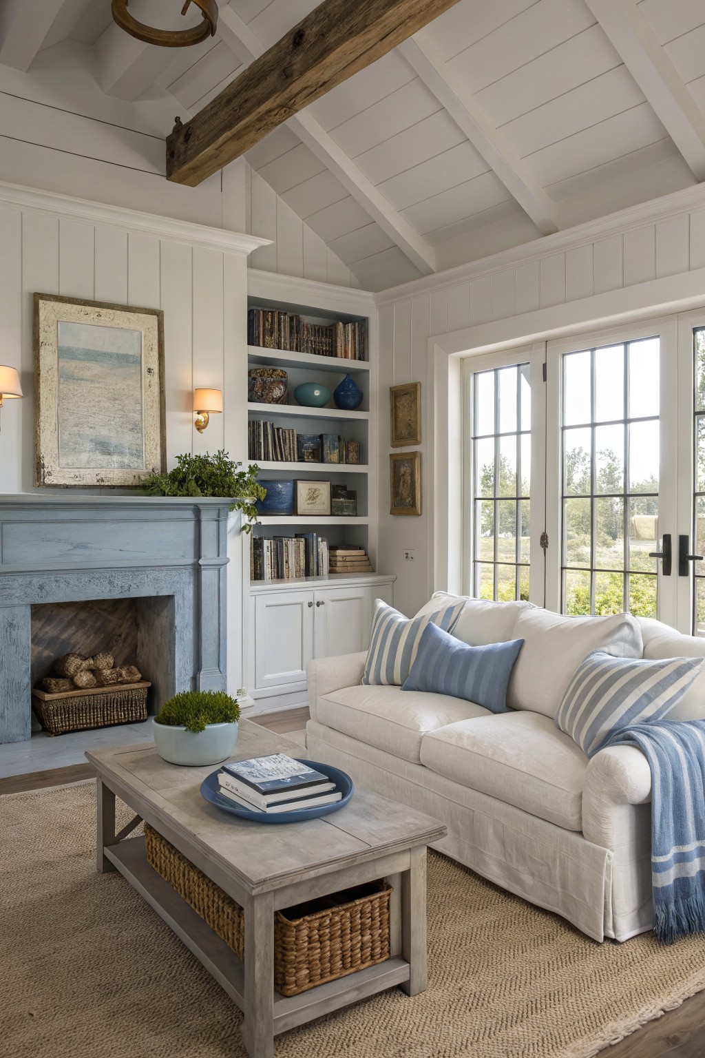 Cozy living room with white sofa, blue accents, fireplace, and built-in bookshelves.
