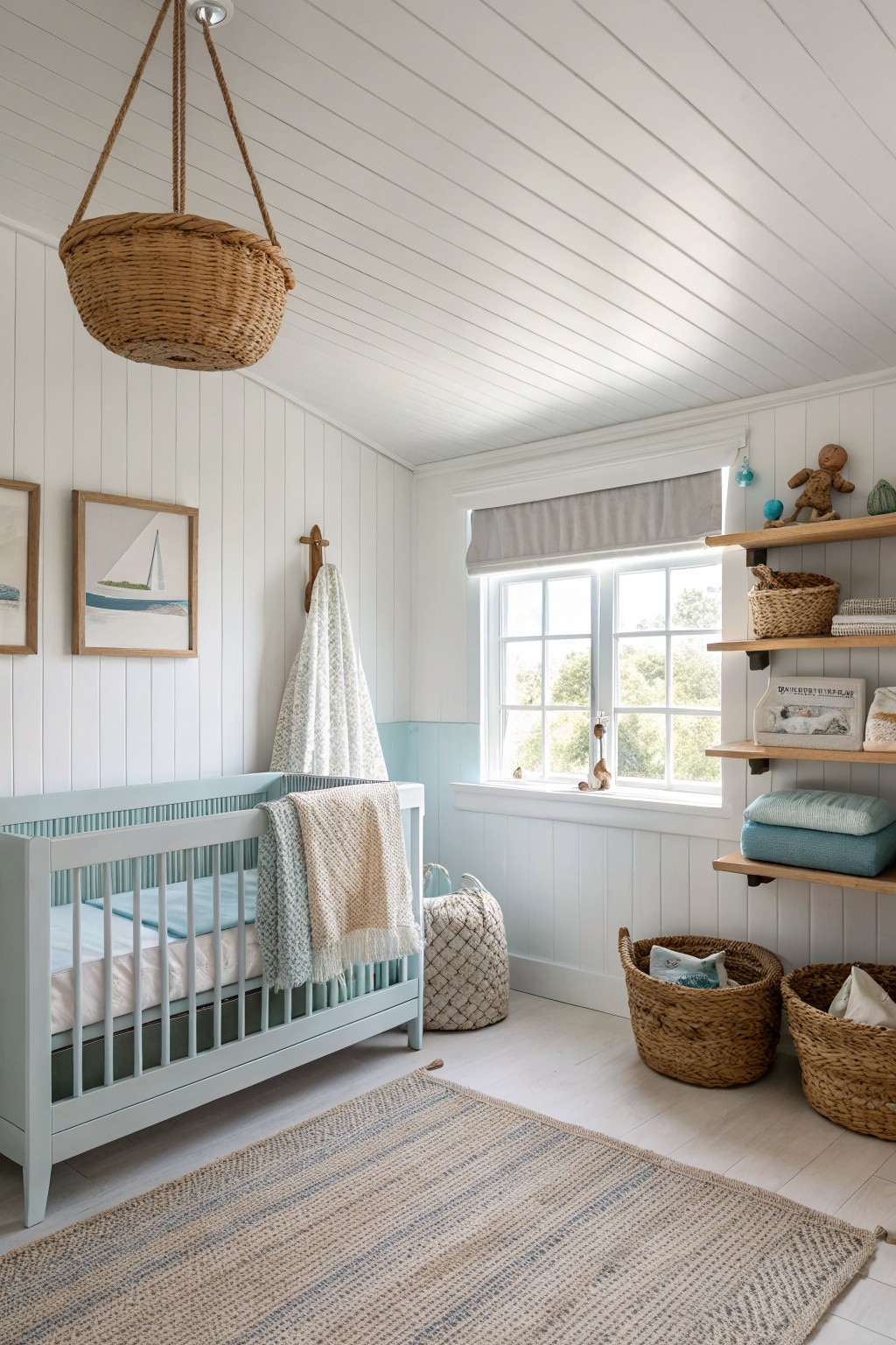 A nursery with light blue beadboard on the lower walls and white above, a light blue crib, woven baskets, and a striped rug on the floor.