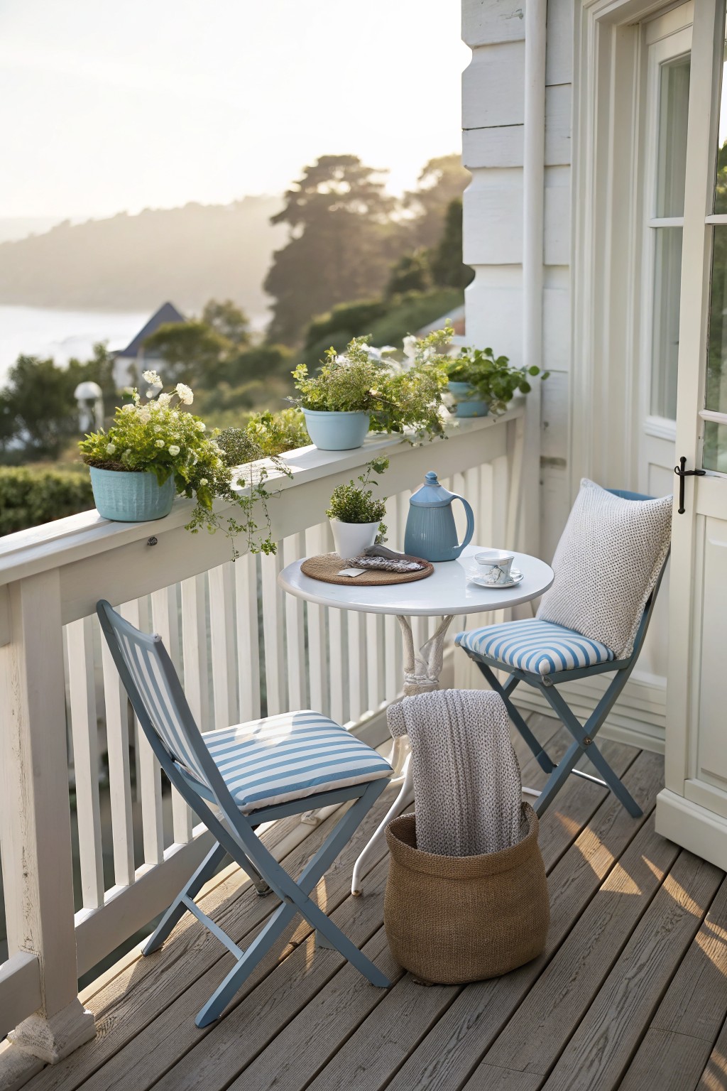 A wooden deck balcony with two blue and white striped folding chairs around a small white table, potted plants along the railing, a blue pitcher, and a woven basket holding a blanket.