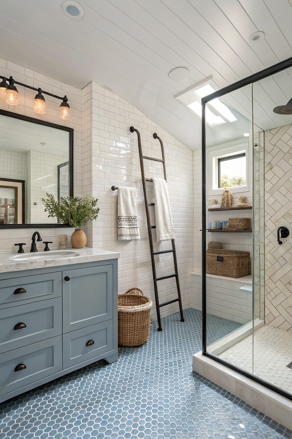 A bathroom featuring a blue painted vanity, white subway tile walls, blue hexagonal floor tiles, and a glass shower with built-in shelves.