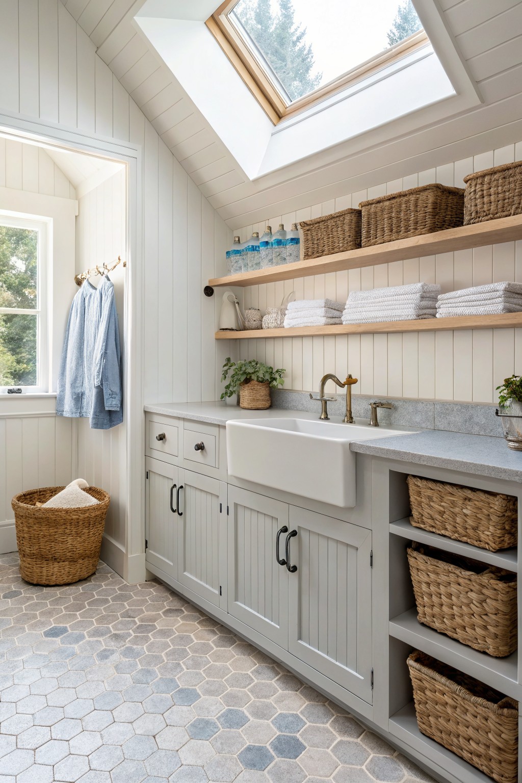 A laundry room featuring light gray cabinets, a white farmhouse sink, wooden open shelves with woven baskets and folded towels, and a blue-gray hexagonal tile floor beneath a skylight.