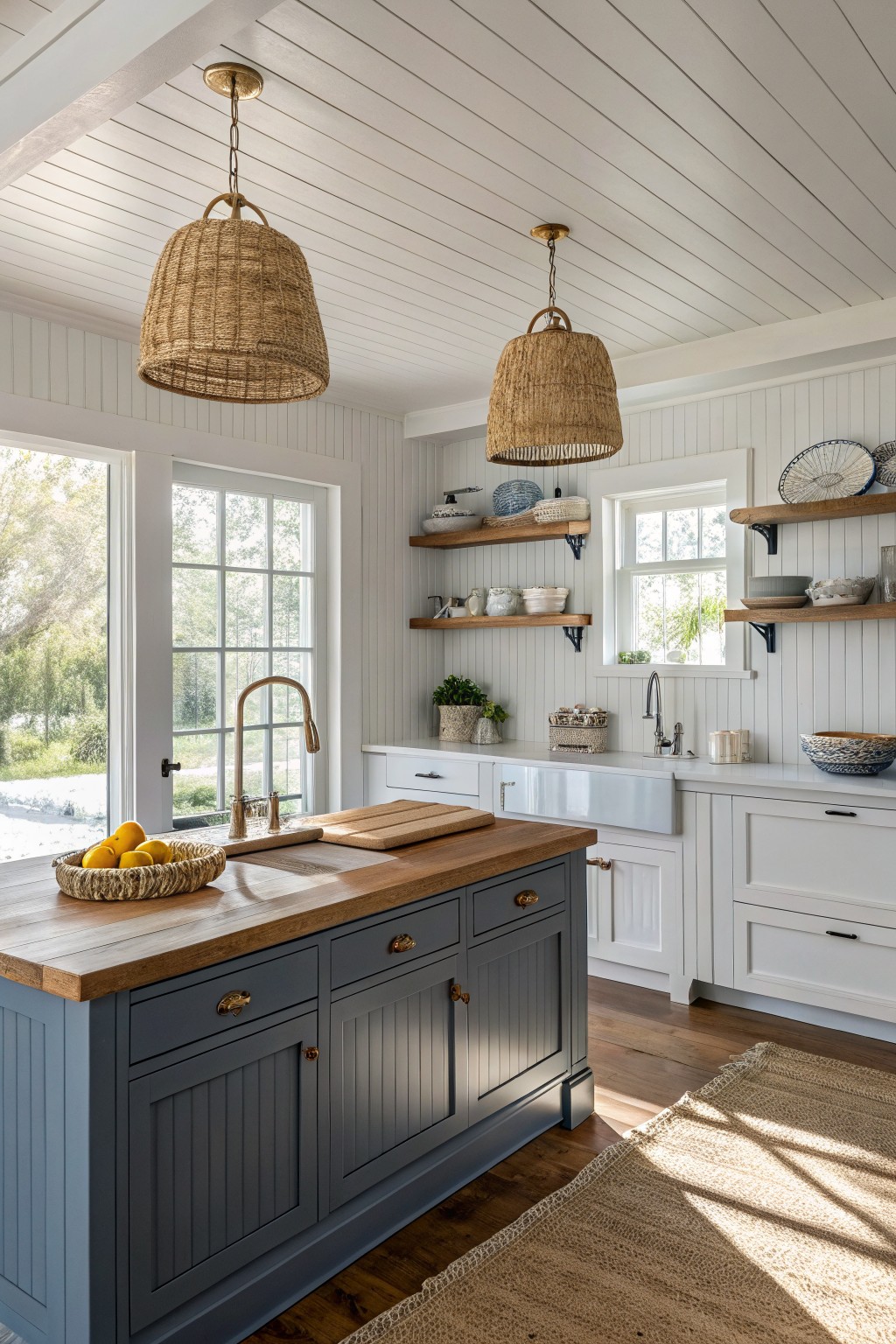 A bright kitchen with a blue-gray island, white cabinets, wooden countertops, woven pendant lights, and open wood shelves on a white shiplap wall.
