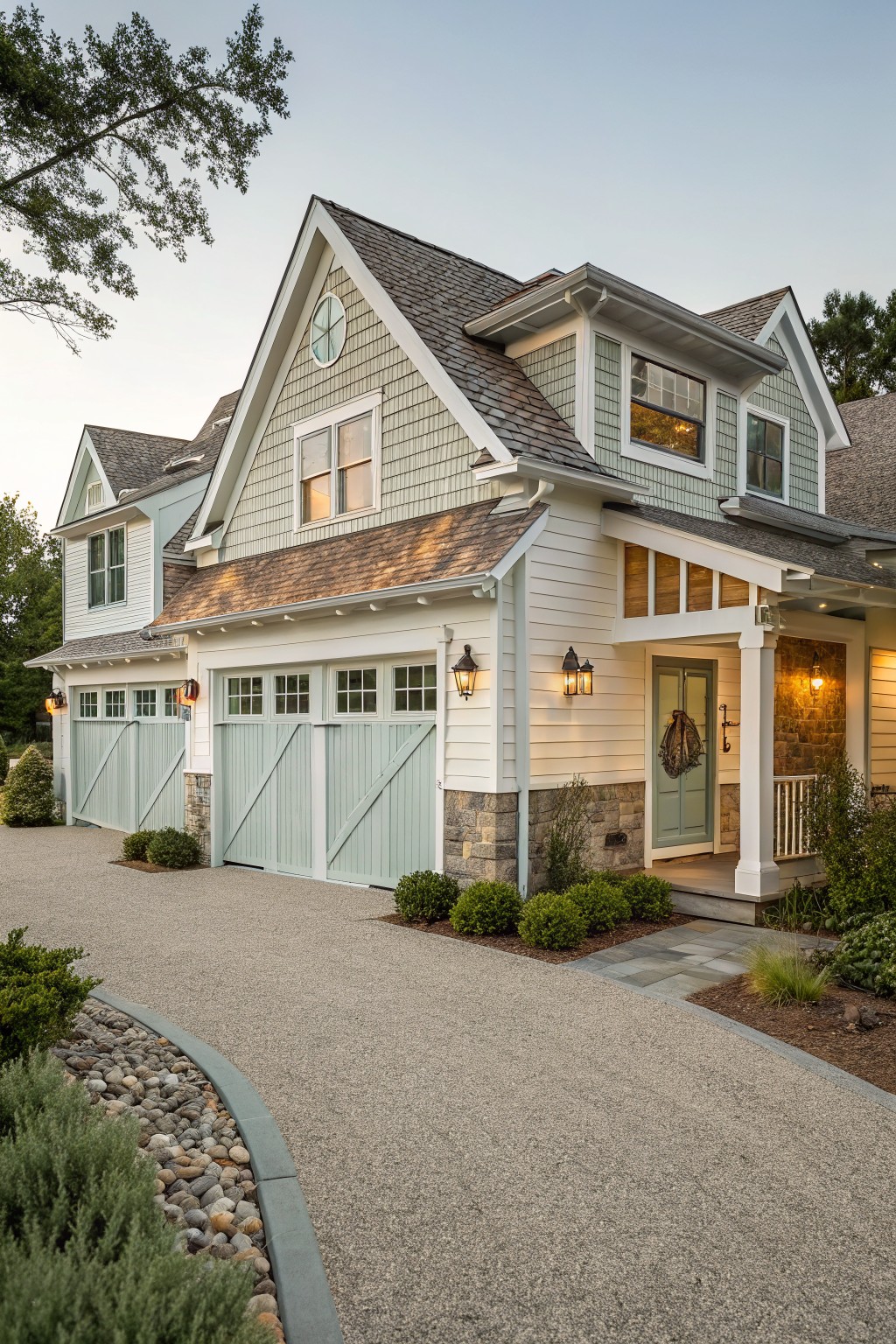 Front view of a two-story coastal farmhouse with light gray shingle siding, white trim, pale blue-green garage doors, and a matching front door, seen from a paved driveway.