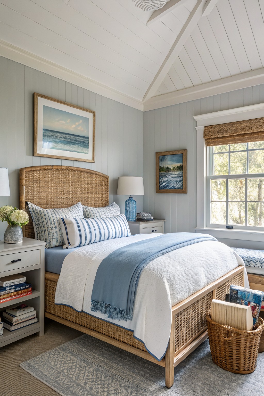 A bedroom with soft gray walls, a woven rattan headboard, blue and white bedding, and a window with a woven shade.