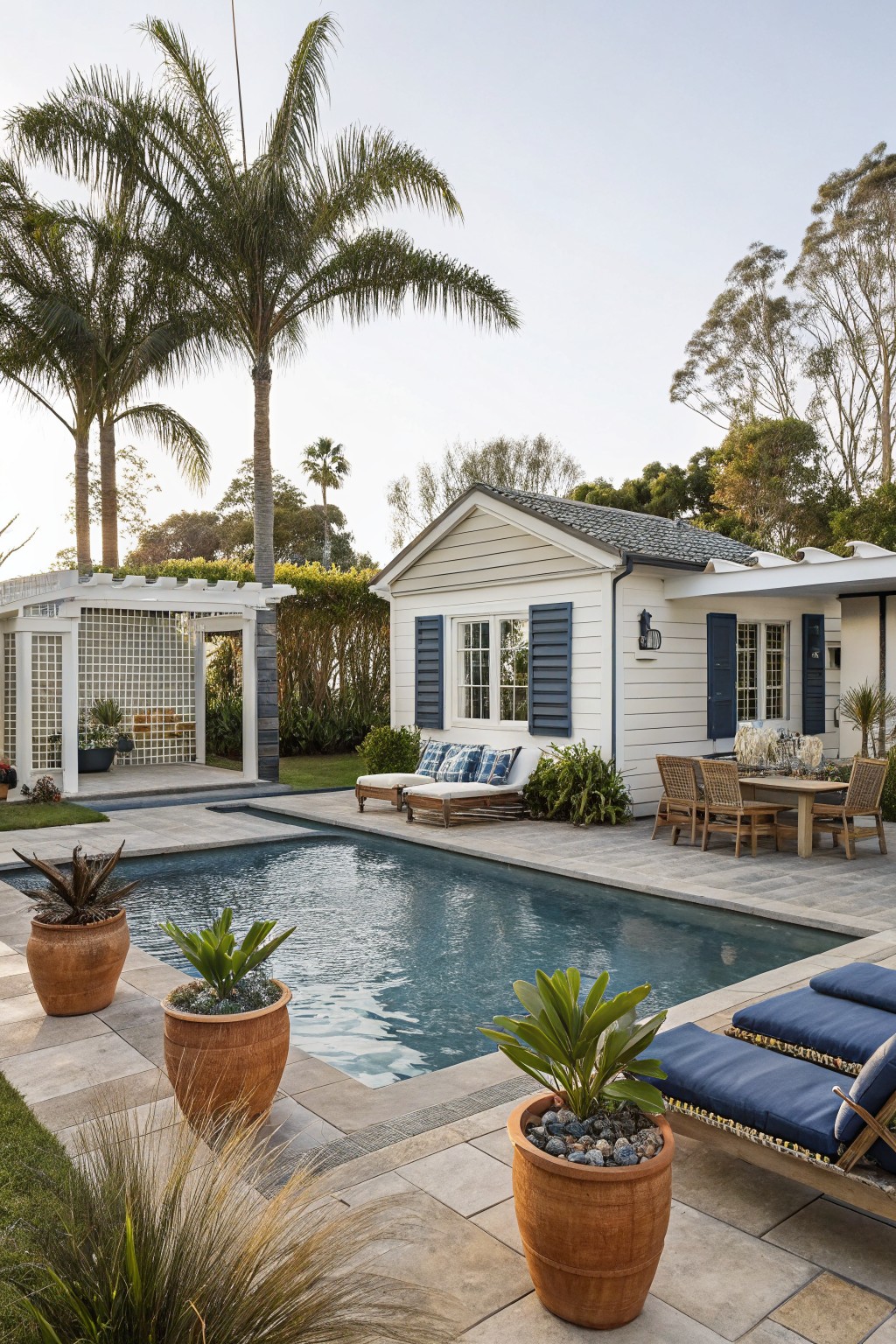 A white house with blue shutters sits beside a pool, with blue-cushioned lounge chairs and wooden dining furniture arranged on a stone patio surrounded by potted plants.