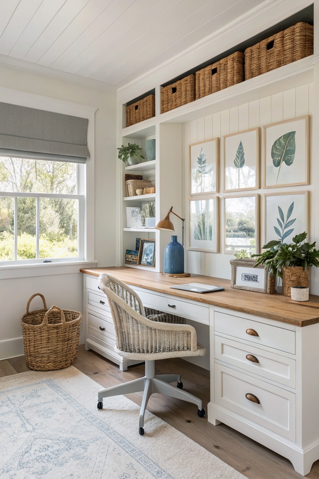 A bright home office features a long white built-in desk with wood top, open shelving holding woven baskets, a woven swivel chair, and framed botanical prints on the wall.
