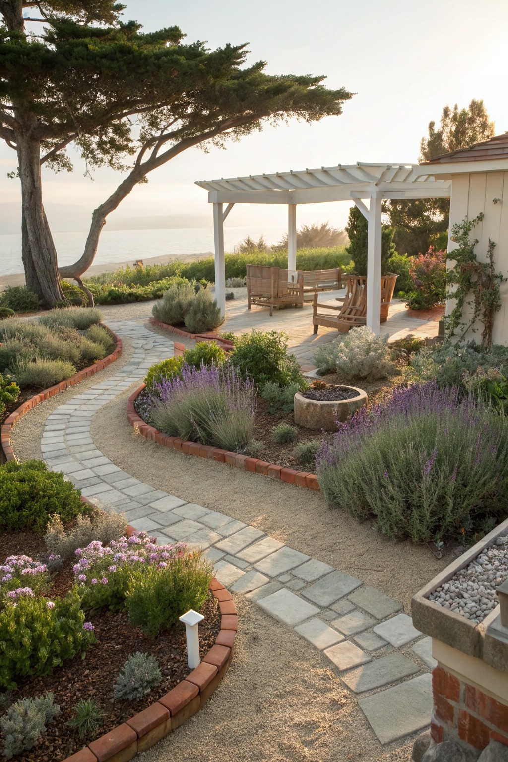 A winding path of light gray stone pavers bordered by brick runs through layered garden beds toward a white pergola near the ocean.