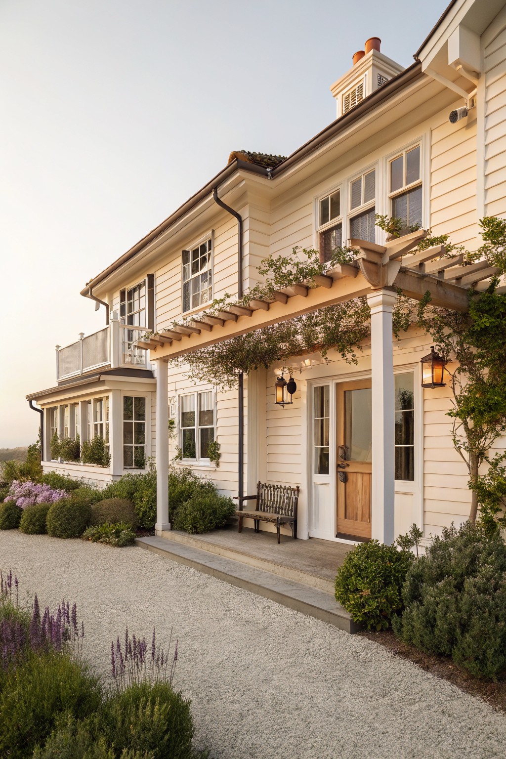 A white two-story coastal farmhouse exterior with a covered entry porch, white columns, a wooden front door, and a wooden pergola covered in green vines.
