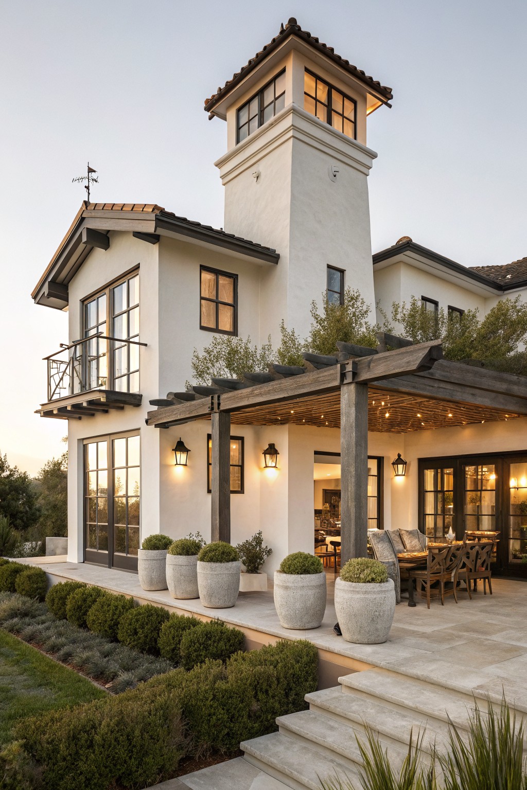 A white stucco coastal farmhouse exterior featuring a tall square tower with a dark tiled roof, a wooden pergola covering an outdoor seating area, and large potted plants along the patio.