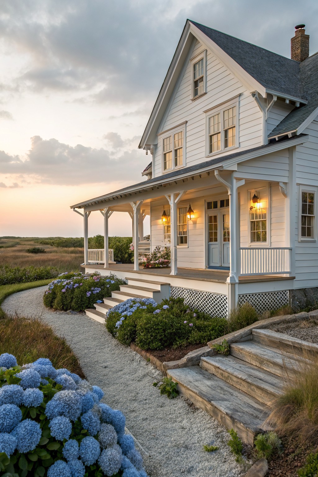 White farmhouse with glowing porch lights, blue hydrangeas, and gravel path at dusk