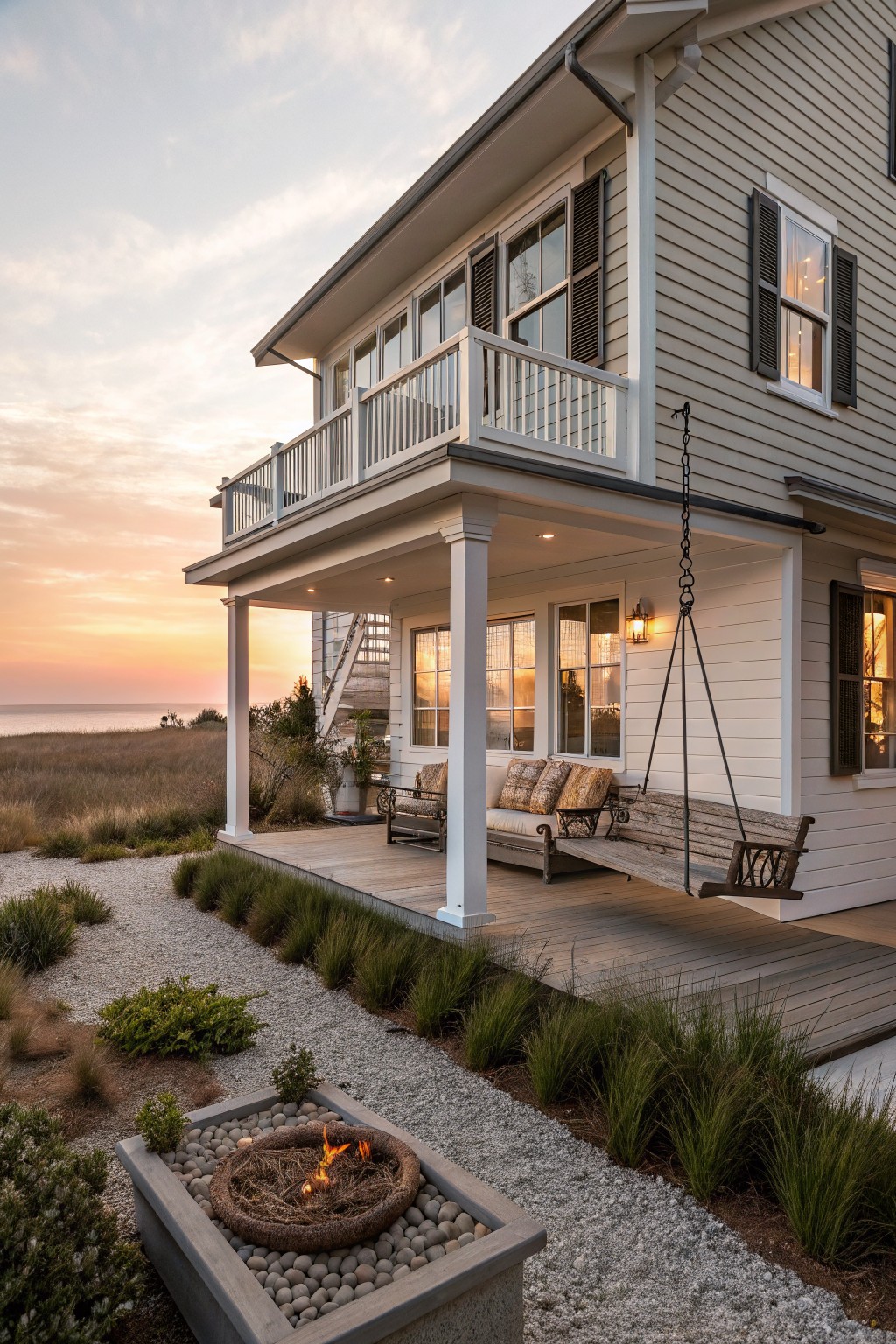 A two-story house with gray siding and a large covered porch that includes a hanging wooden swing, outdoor seating, and a stone fire pit set in gravel.