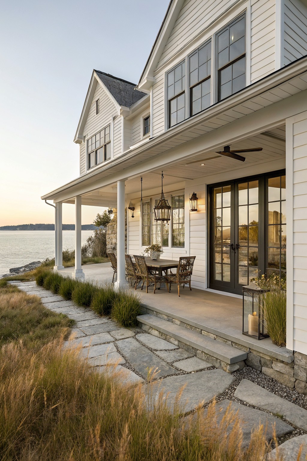 A white coastal farmhouse with a covered porch that has a wooden dining table and chairs set near double doors, with stone steps leading to a path by the water.