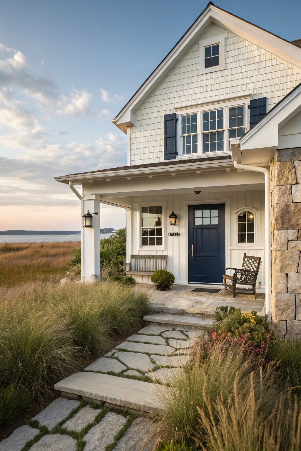 White coastal house with blue door and stone path through tall grass
