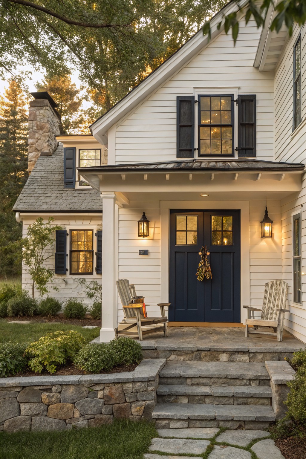 A white coastal farmhouse with a dark navy front door, black shutters, stone steps, and two wooden chairs on the porch.