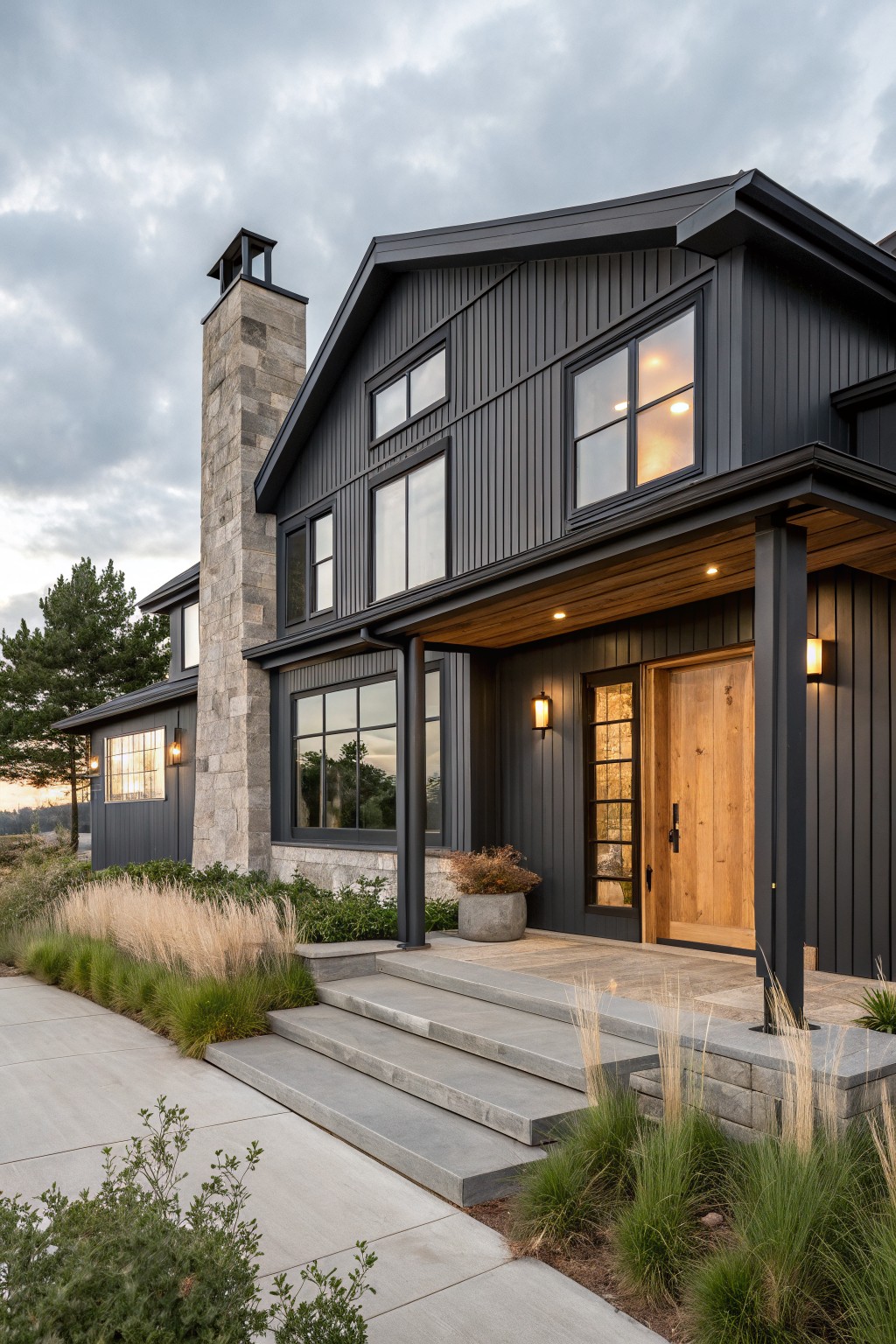 A dark modern farmhouse exterior with vertical siding, a stone chimney, black-framed windows, a wooden front door, and a covered porch with wood ceiling and concrete steps.