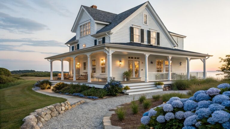 20 Coastal Farmhouse Exterior Ideas for a Relaxed Luxury Look White farmhouse with glowing porch lights, blue hydrangeas, and gravel path at dusk