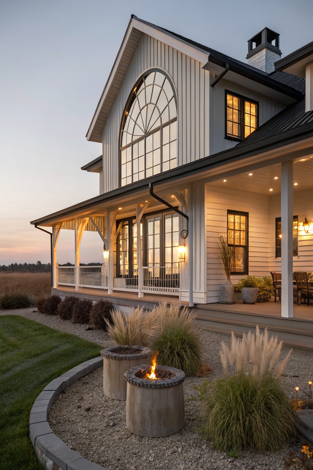 A white coastal farmhouse exterior at dusk featuring a large arched window on the gable above a covered porch with concrete fire pits in the foreground.