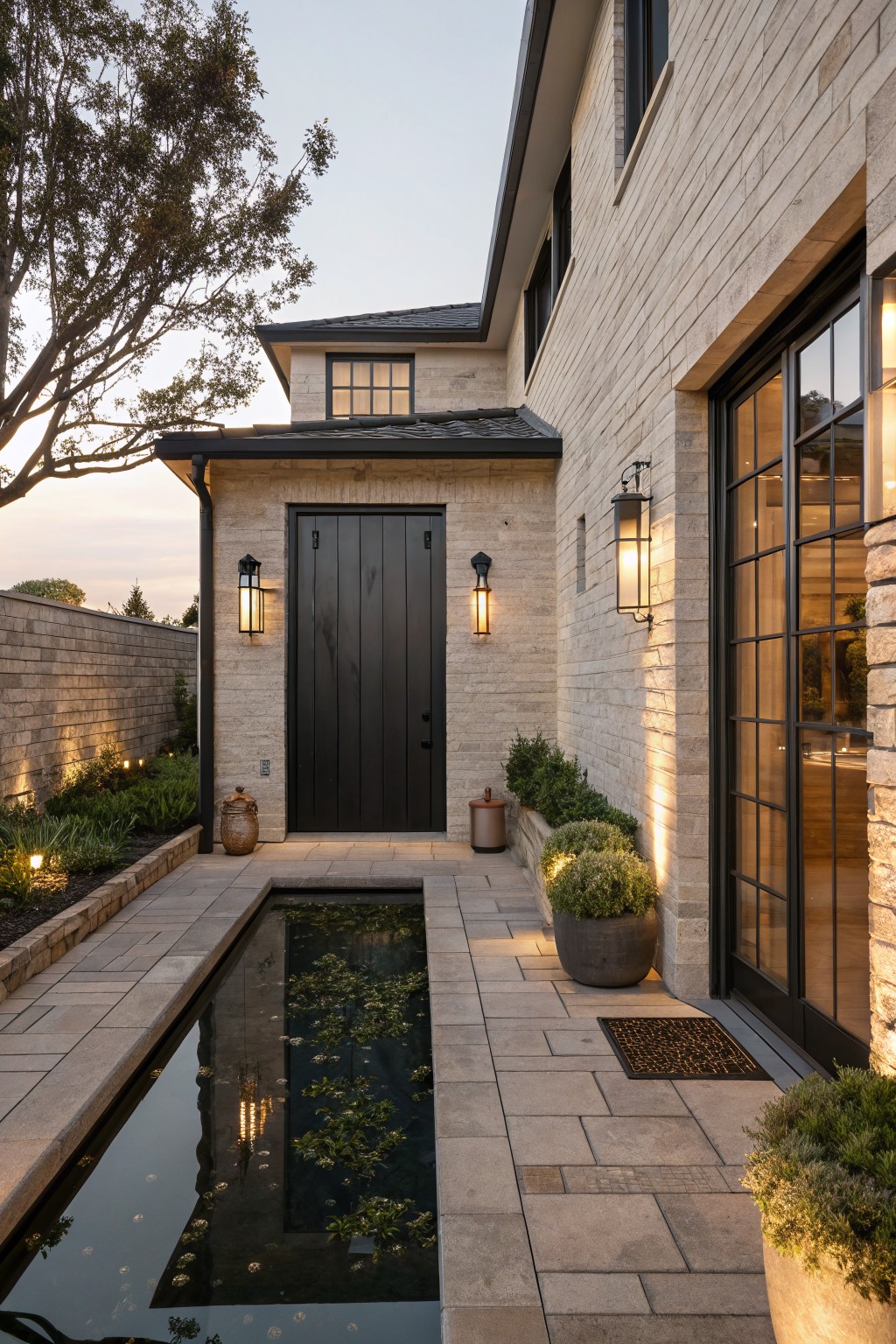 Stone exterior of a house showing a black front door flanked by two wall lanterns, with a long reflecting pool running parallel to a stone paver walkway.