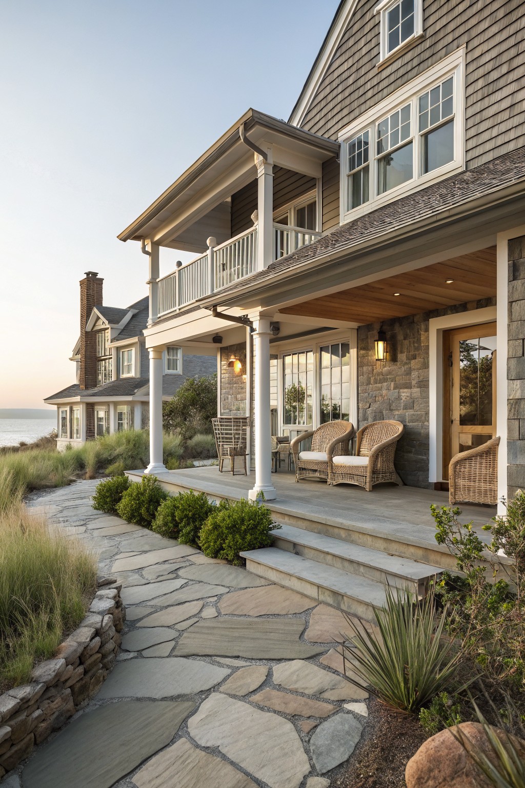 A coastal home with gray shingle siding, stone veneer on the lower walls, a covered porch with white columns and wicker seating, and a wide stone pathway leading to the steps.