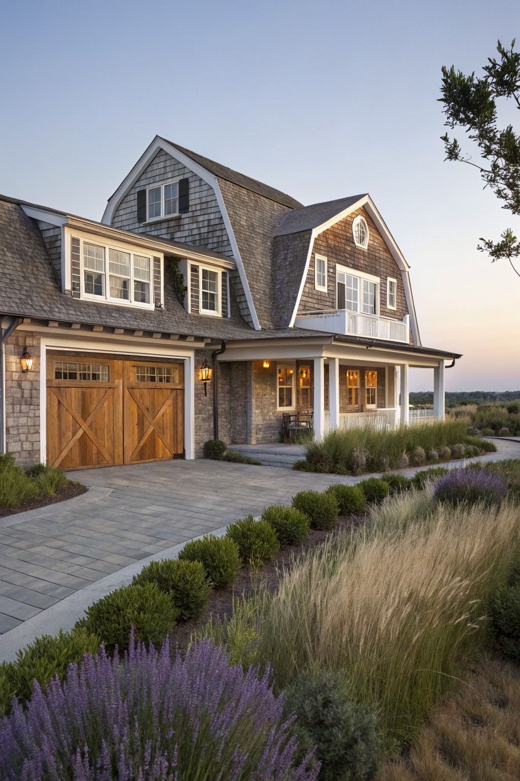 A coastal farmhouse exterior at dusk showing gray wood shingles on the upper walls, stone on the lower level, wooden garage doors, and a white-trimmed porch.