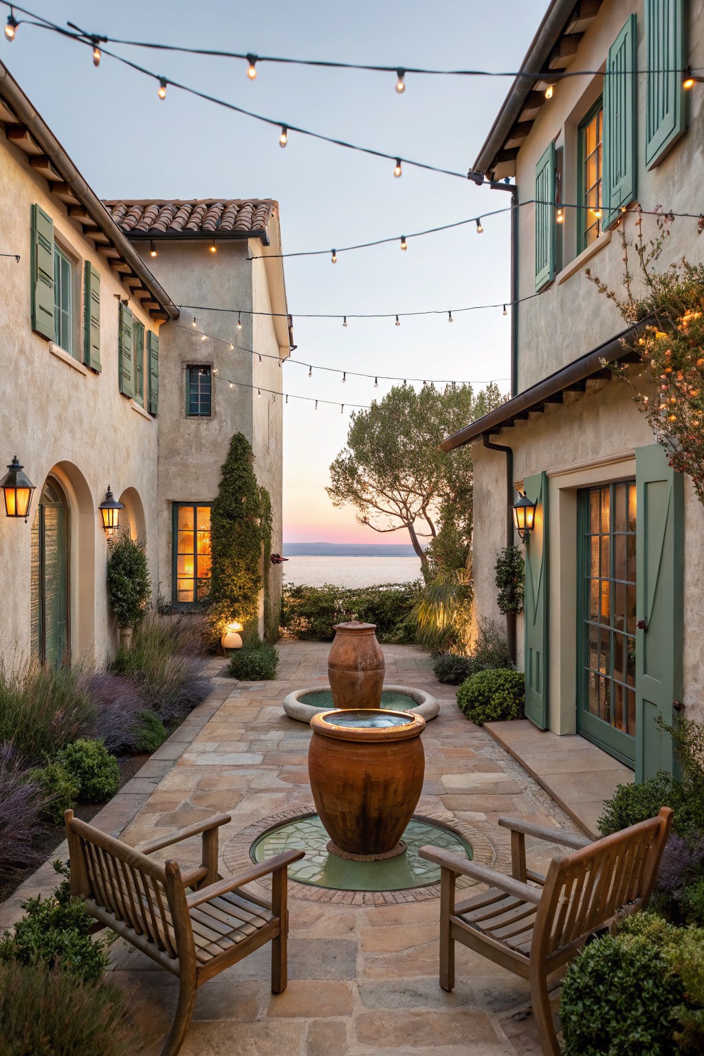 A stone-paved courtyard between two stucco buildings with green shutters, featuring two wooden chairs facing a large terracotta fountain, string lights overhead, and a view of the water beyond.