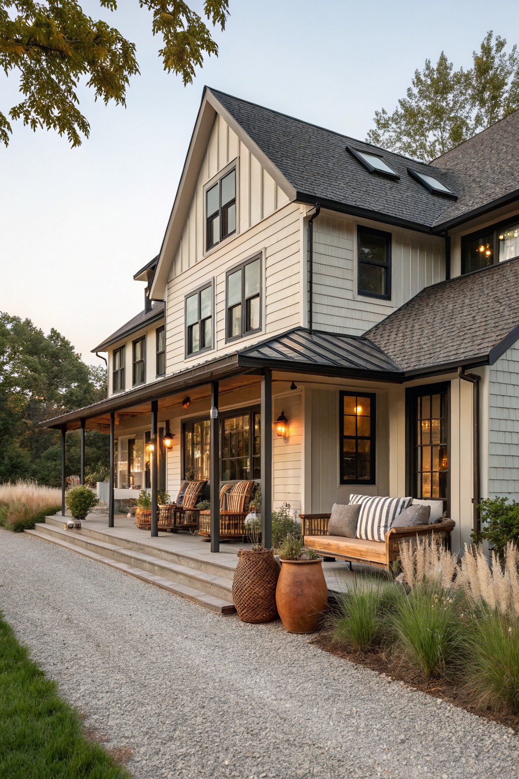 White two-story farmhouse with porch, bench, wicker chairs, and terracotta pots at dusk.