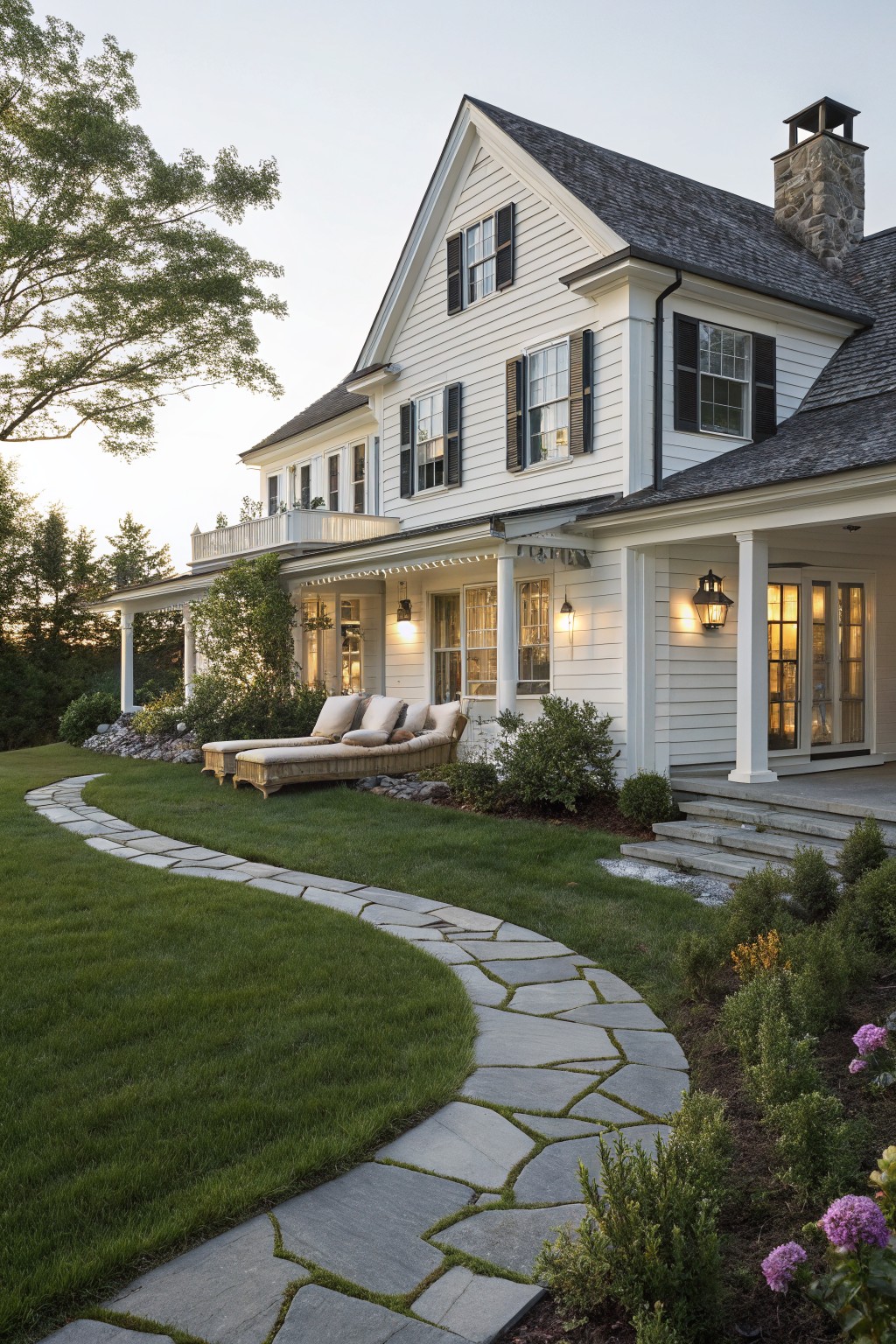 A white two-story house with black shutters, a covered porch, and a curving stone pathway across the front lawn.