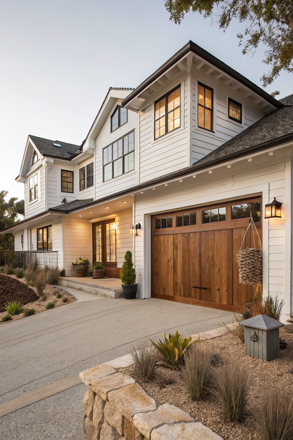 A two-story white house with horizontal siding, a large wooden garage door, and multiple windows with interior lighting visible.