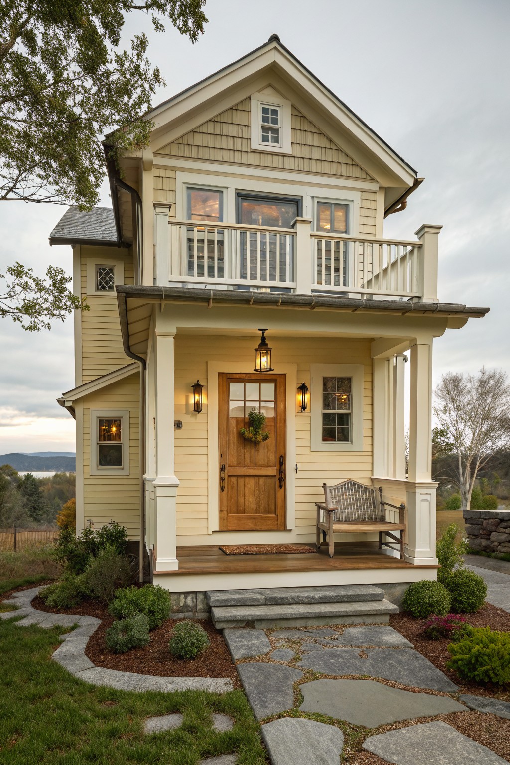 A two-story pale yellow house with a front porch, wooden door, white columns, and a small upper balcony.