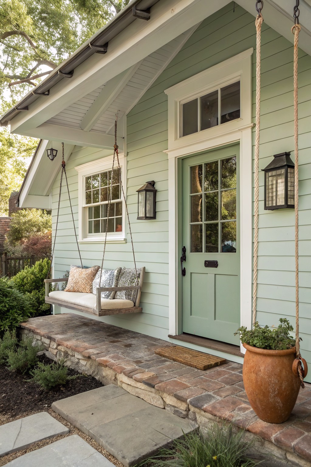 Front view of a light green house with white trim, a wooden porch swing with cushions, a mint green door, black lanterns, and a terracotta pot on the brick step.