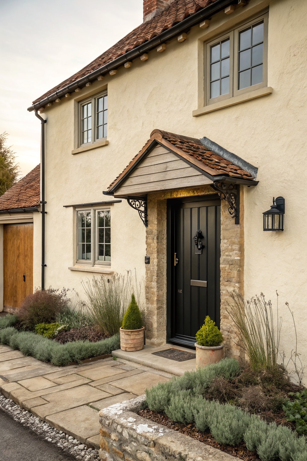 A cottage house exterior with a small gabled wooden porch over a black front door, stone surround, and multiple windows.