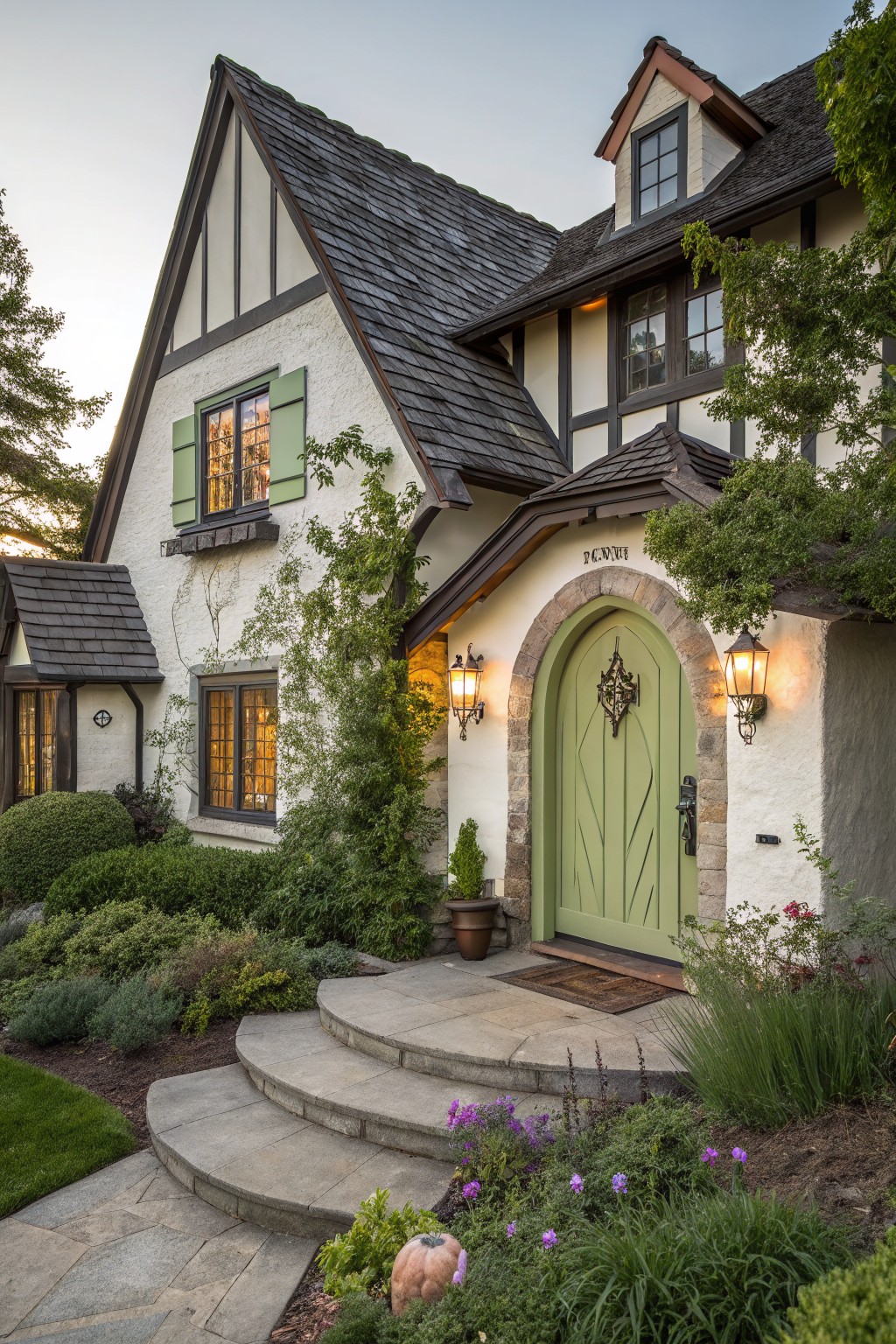 A white stucco cottage house with a light green arched front door framed by stone, flanked by lanterns and steps leading to a landscaped garden.