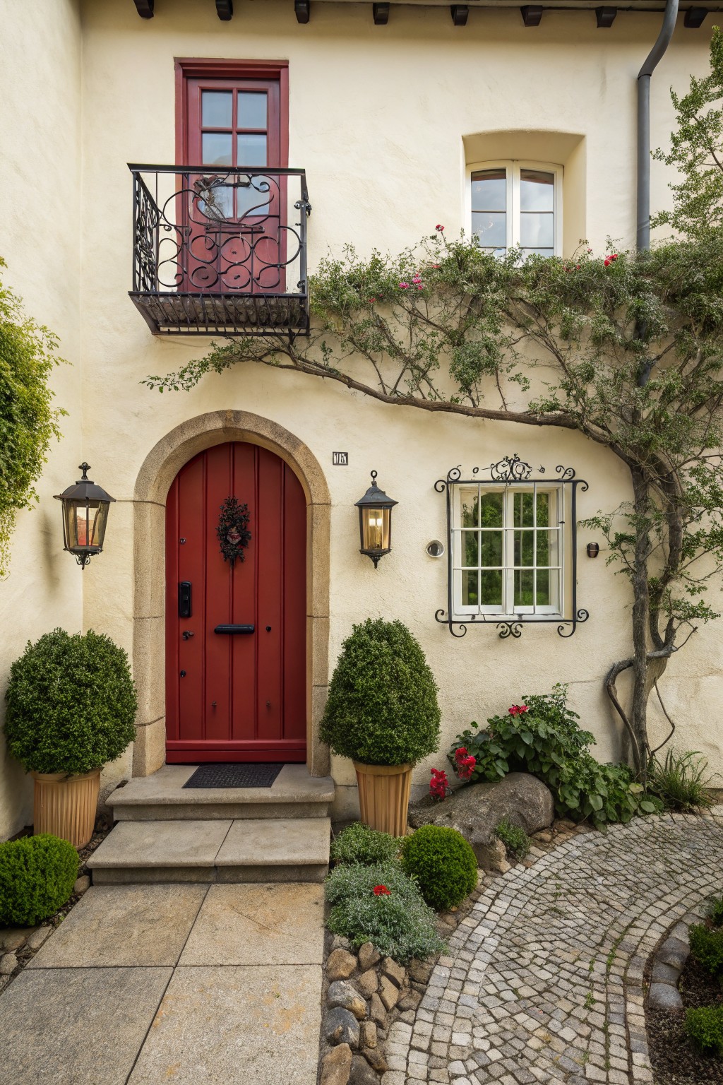 Red arched door with balcony, lanterns, potted shrubs, and cobblestone path