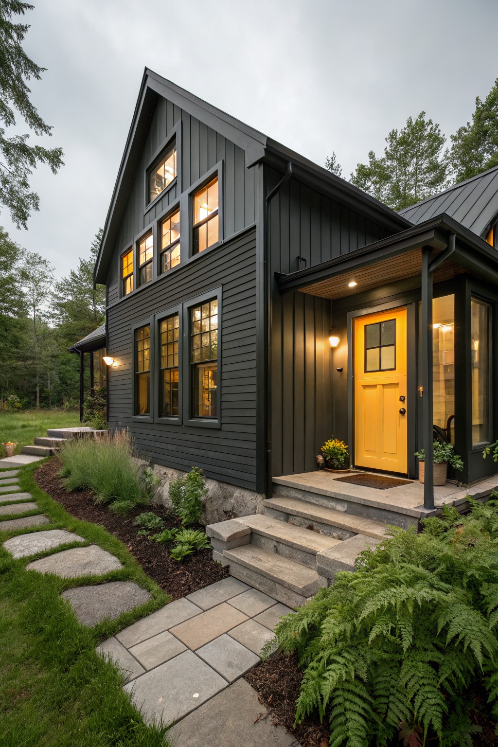 A dark gray house exterior with a bright yellow front door, concrete steps, and stone pathway leading to the entrance.