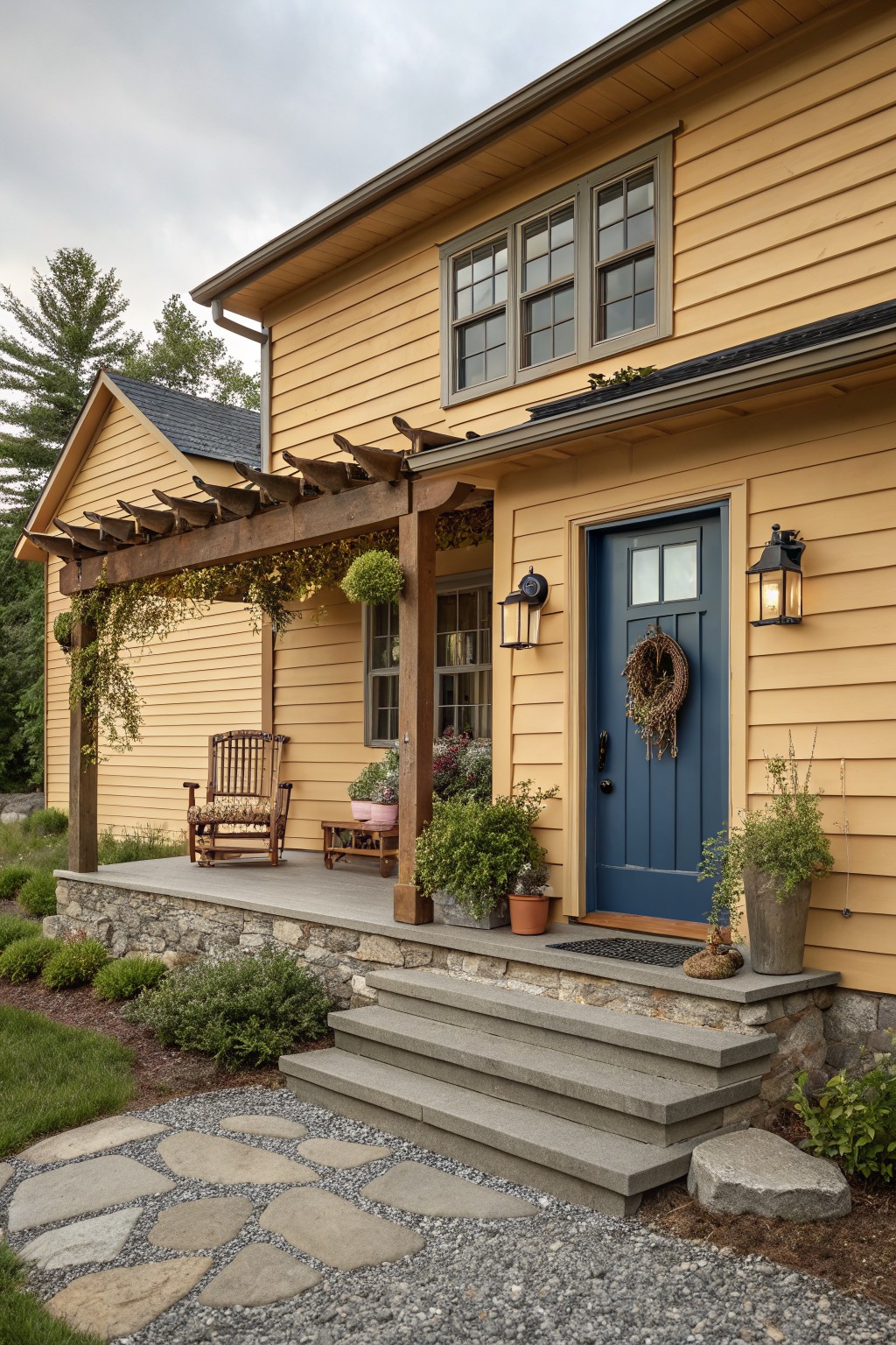 A yellow house exterior with a blue front door, stone foundation and steps, and a wooden pergola over the porch.