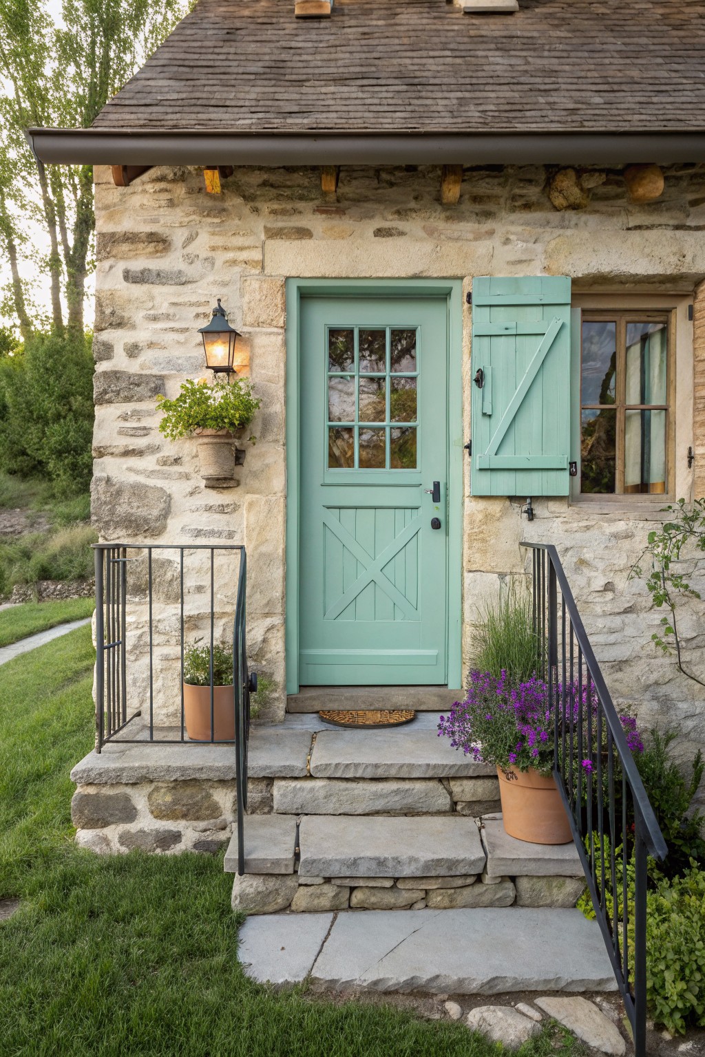 Stone cottage with a mint green front door and matching shutters next to stone steps.