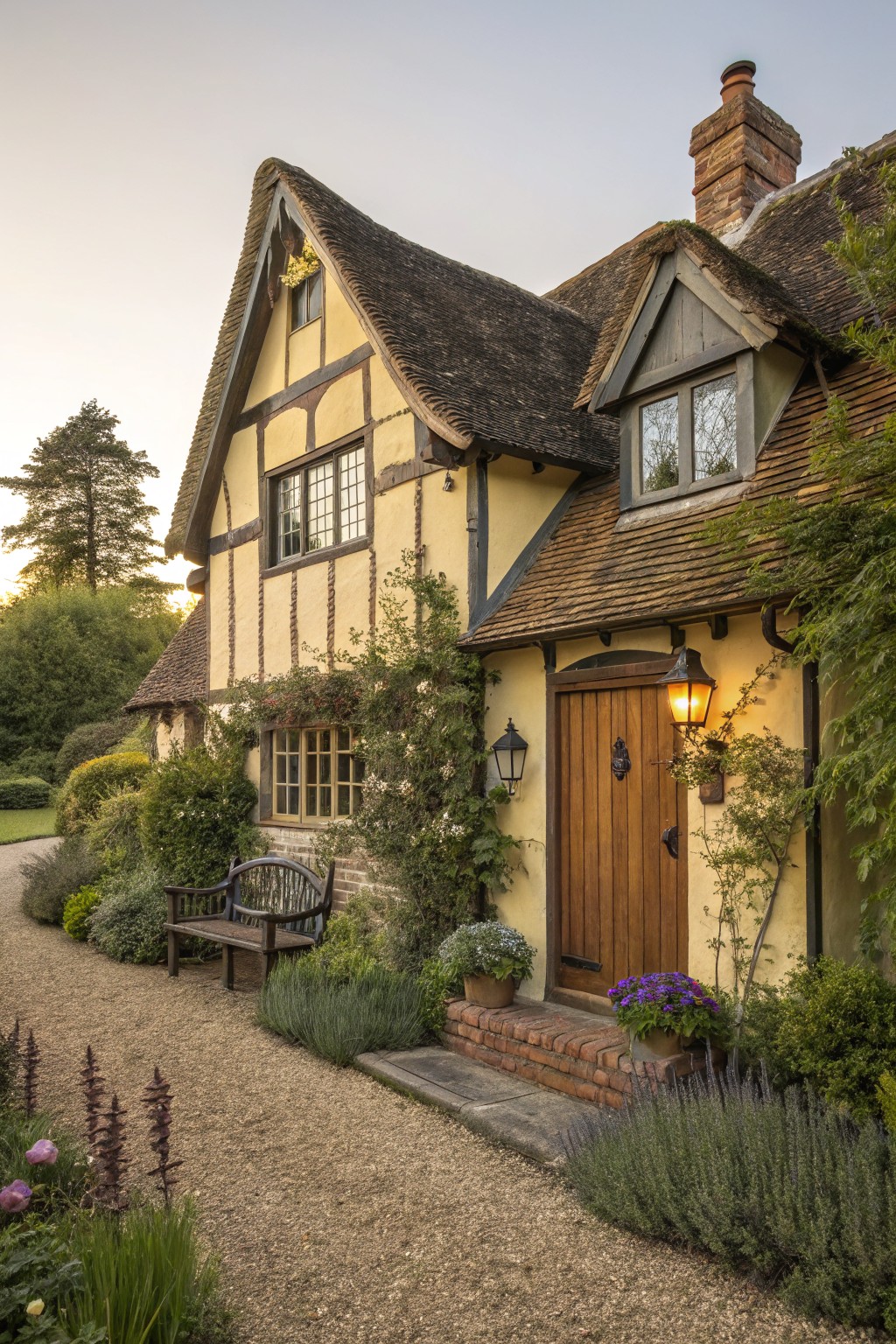 A yellow cottage exterior with timber framing, a wooden front door, and climbing plants growing up the walls beside a gravel path.
