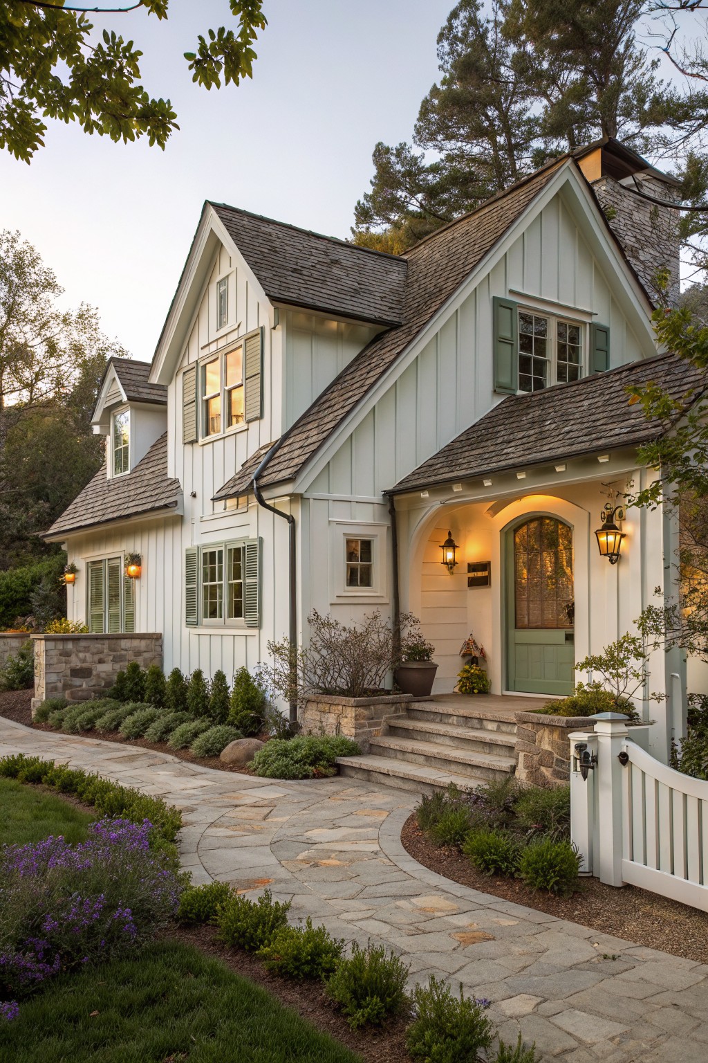 A light green and white cottage farmhouse with a curved flagstone walkway leading to stone steps and a green front door under an arched porch.