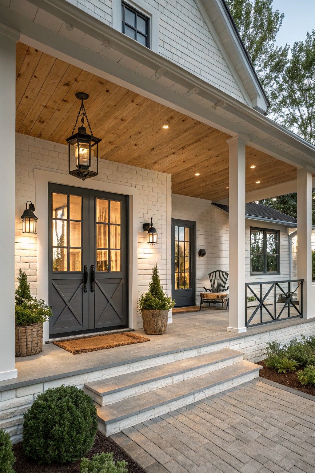 Front view of a white cottage farmhouse with dark double entry doors, a covered porch with wood ceiling, and stone steps.