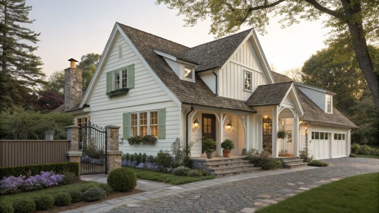 A light green and white cottage farmhouse with a curved flagstone walkway leading to stone steps and a green front door under an arched porch.